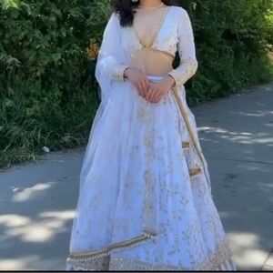 Elegant White and Gold Embroidered Lehenga
